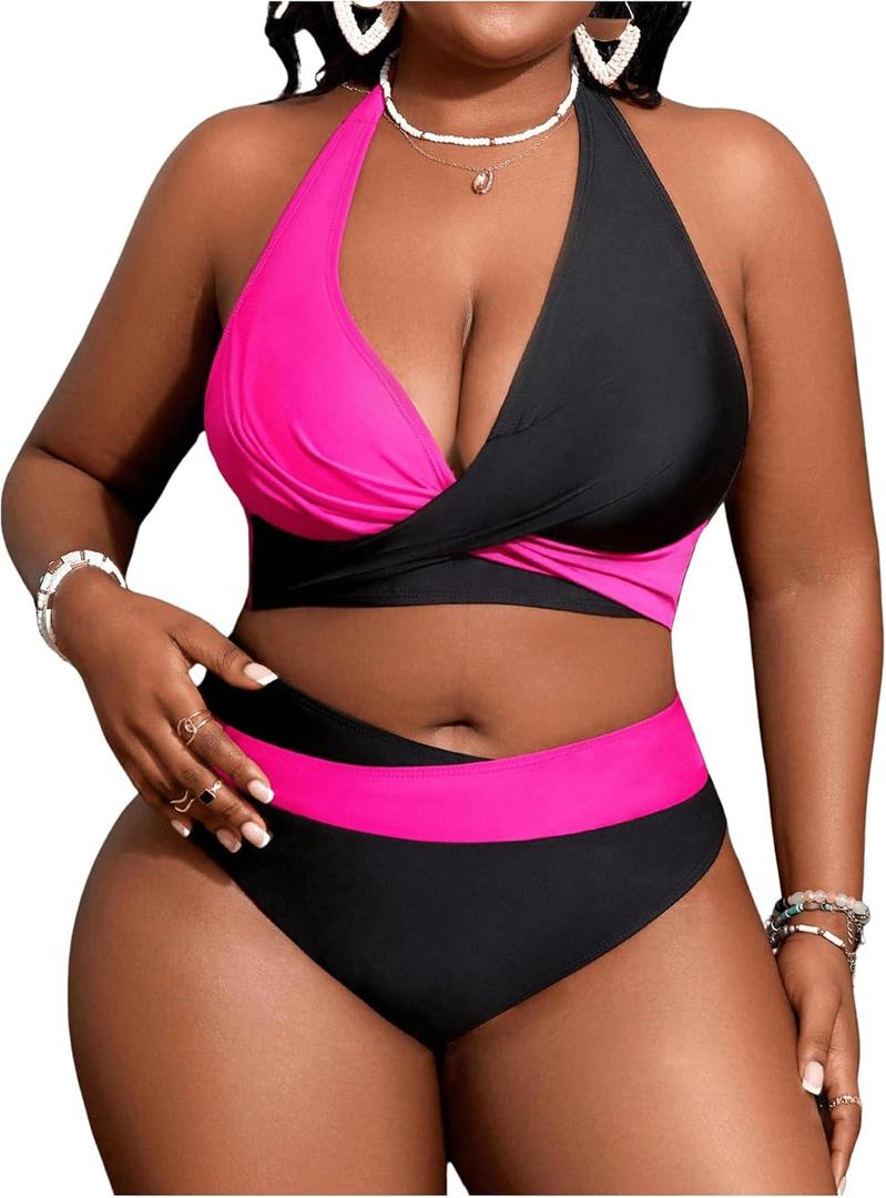 SOLY HUX Women's Plus Size Swimsuit Color Block Halter Criss Cross Bikini Sets Two Piece Bathing Suit (XX-Large Plus, Black and Hotpink)