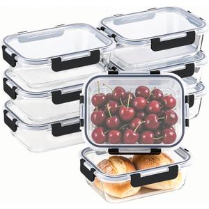 8 Pack 36oz Large Glass Meal Prep Containers with lids, Glass Food Storage Containers with Leak Proof Snap Lock Lids , Airtight Bento lunch Boxes, Kitchen Storage, Oven, Freezer and Dishwasher Safe (Black)