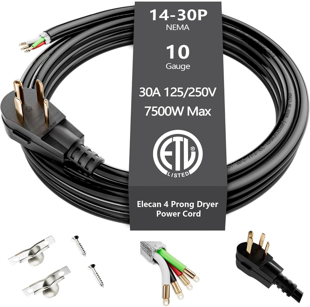 Elecan 4-Prong Dryer Power Cord 10 Ft Black, 30 Amp Appliance Power Cord with Dryer Replacement Plug, 4 Color-Coded Wire, Eyelet Connectors, NEMA 14-30P to 4-Wire, 10 AWG SRDT, ETL Listed