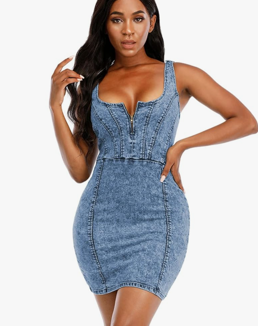 Women's Denim Dress Sexy V Neck Bodycon Sleeveless Jeans Short Dresses XL, Blue