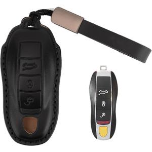 Leather Key Fob Cover with Keychain for Porsche Panamera, Macan, Cayenne, 911, and 718 Smart Key (3-Button) (Black)