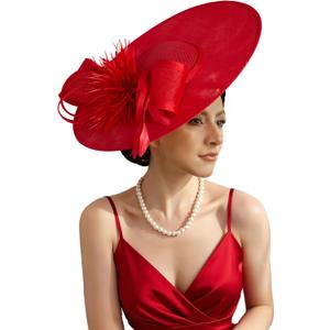 Unpifolov Fascinators Hats Elegant Women Flower Mesh Feathers Wedding Cocktail Bride Headband for Derby Hat Tea Party Red