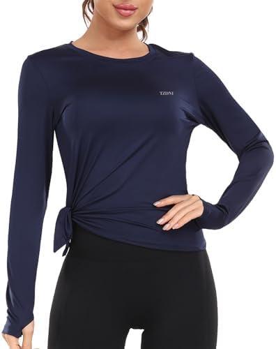 TZDNI Long Sleeve Workout Tops for Women UPF 50+ UV Protection Sun Shirts Quick Dry for Running Hiking with Thumb Hole L