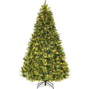 Goplus 8ft Pre-Lit Artificial Christmas Tree, Premium Spruce Hinged Tree 600 LED Lights and Pine Cones, Xmas Tree for Holiday Indoor Décor