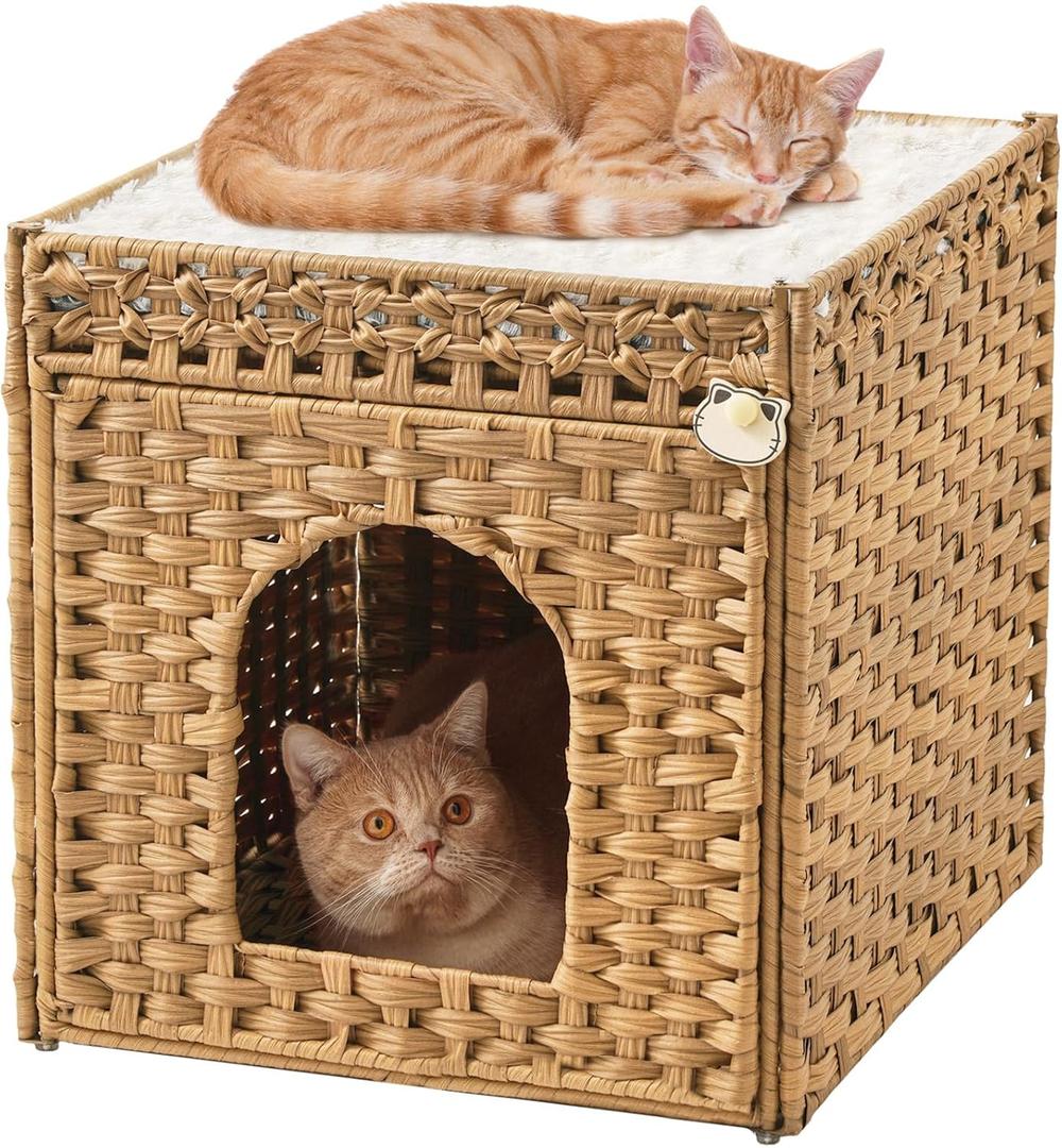 Cat Beds for Indoor Cats Extra Large Double Cat Cave Pet Cube, Handwoven Rattan Cat Houses with Double-Sided Soft Cushions, 18.5 x 20.5 x 19.1 Inches Foldable Hideaway in Living Room Natural (Extra Large, Natural)