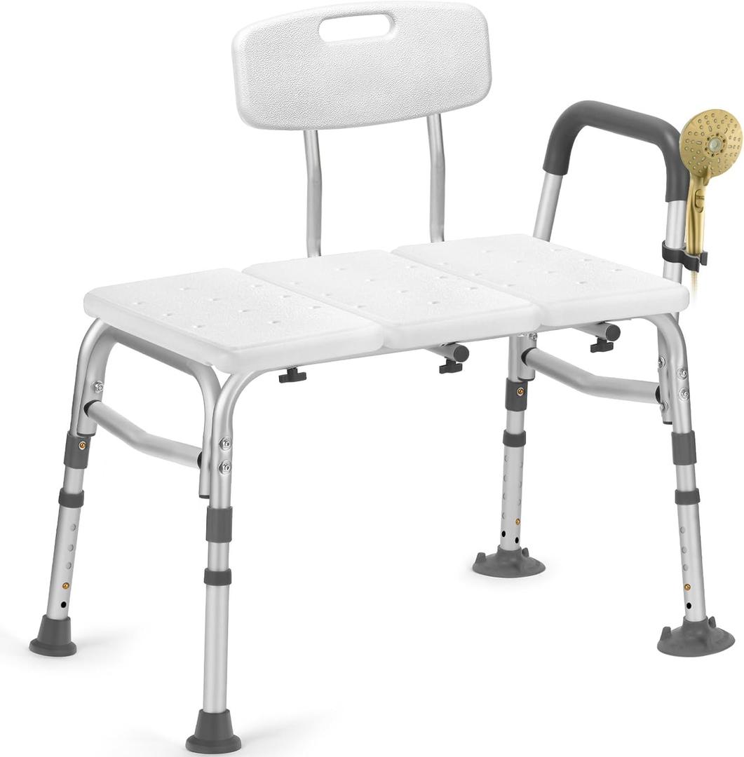 Tub Transfer Bench for Bathtub, Height Adjustable Shower Bench with Backrest, Shower Chair Bath Seat for Elderly, Seniors, Arm Support for Transfer