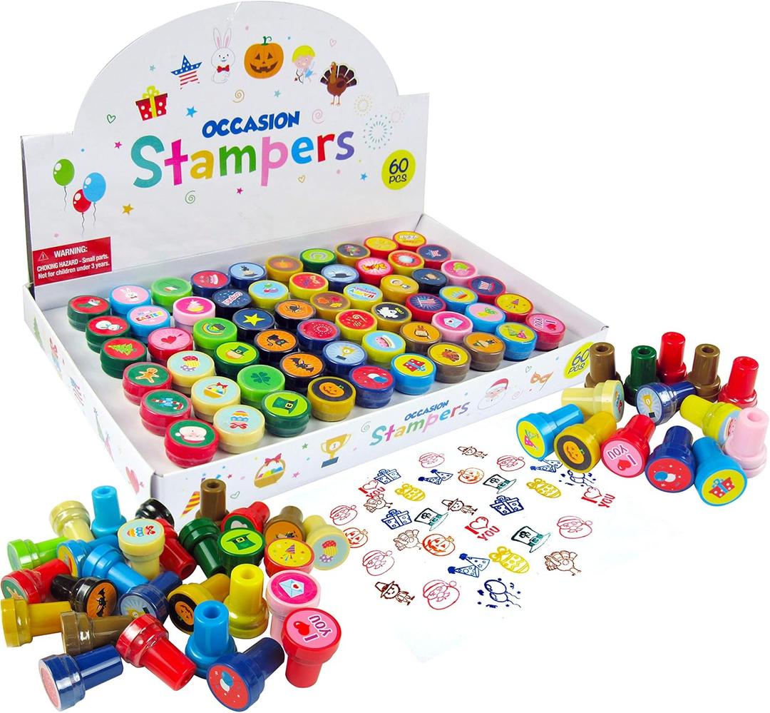 TINYMILLS 60 Pcs Holidays and Occasions Assorted Stampers for Kids 60 Different Stamper Designs Scrapbooking Craft Stampers Teacher Stampers