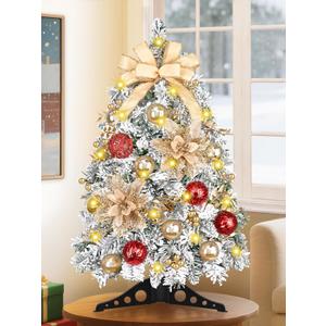 MARTINE MALL 2FT Pre-Decorated Small Christmas Tree with Lights, Artificial Tabletop Mini Christmas Tree Snowy Flocked Xmas Trees with Gold Poinsettia Bow Ball Ornaments for Table Desk Small Space