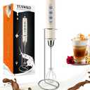 YUSWKO Beige Handheld Milk Frother Wand with Stand for Coffee, Rechargeable Electric Whisk with 3 Heads 3 Speeds Drink Mixer Coffee Frother For Latte, Cappuccino, Hot Chocolate, Egg