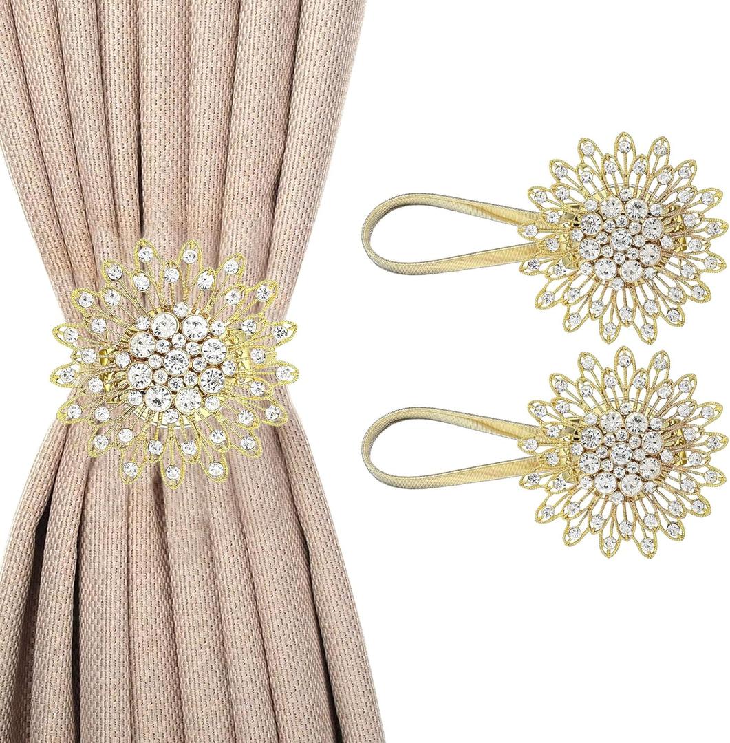 2PCS Curtain Tiebacks Clips Buckle Strong Magnetic Holdbacks Holders, Shining Artificial Diamonds Crystal, Rope Curtain Holders for Curtains Ties Backs for Drapes Wall Hooks (2pcs Gold) (2pcs Glod)