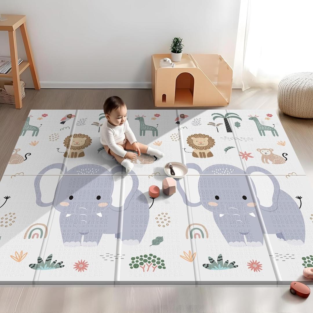 NOONKTY 79x71 Extra Large Baby Play Mat for Floor, Foldable Foam Playmat for Babies 0-12 Months & Kids, Non-Toxic Waterproof Baby Mat for Floor, Thick Playpen Mat for Tummy Time Crawling, Elephant+Mon