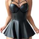 Sexy Strappy Leather Underwire Choker Garter Belt Mini Lingerie Set Dress with Thong 3 Piece (Medium, Black)