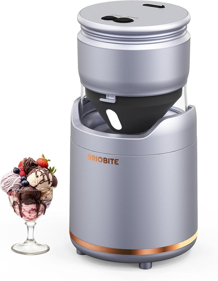 BRIOBITE Ice Cream Maker,Rechargeable Soft Ice Cream Machine with Low Noise,Compact for 1-2 Servings,Perfect for Sorbet,Gelato,Frozen Yogurt,Silver