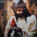Jesus and Cardinal Canvas Wall Art Jesus Saves Cardinalis Painting Decor Picture Christian God Thorns Red Birds Posters Prints for Dining Living Prayer Room Kitchen Church Wall Bedroom Decoration 10"L x 8"W