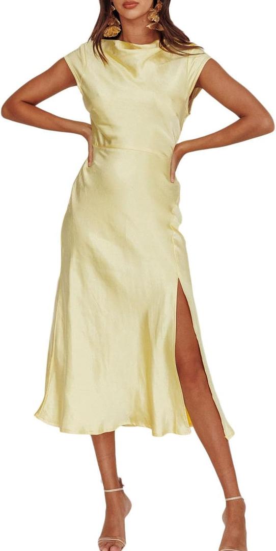 Women's Summer Satin Elegance Backless Twist Cap Sleeves Midi Dress 2026 Sexy Cowl Neck Slit Cocktail Wedding Guest Dresses