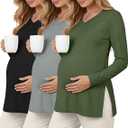 Sweetyweee 3 Pack Women's Thermal Maternity Shirts Fleece Lined Long Sleeve Tops Split Side V Neck Pregnancy Clothes, L