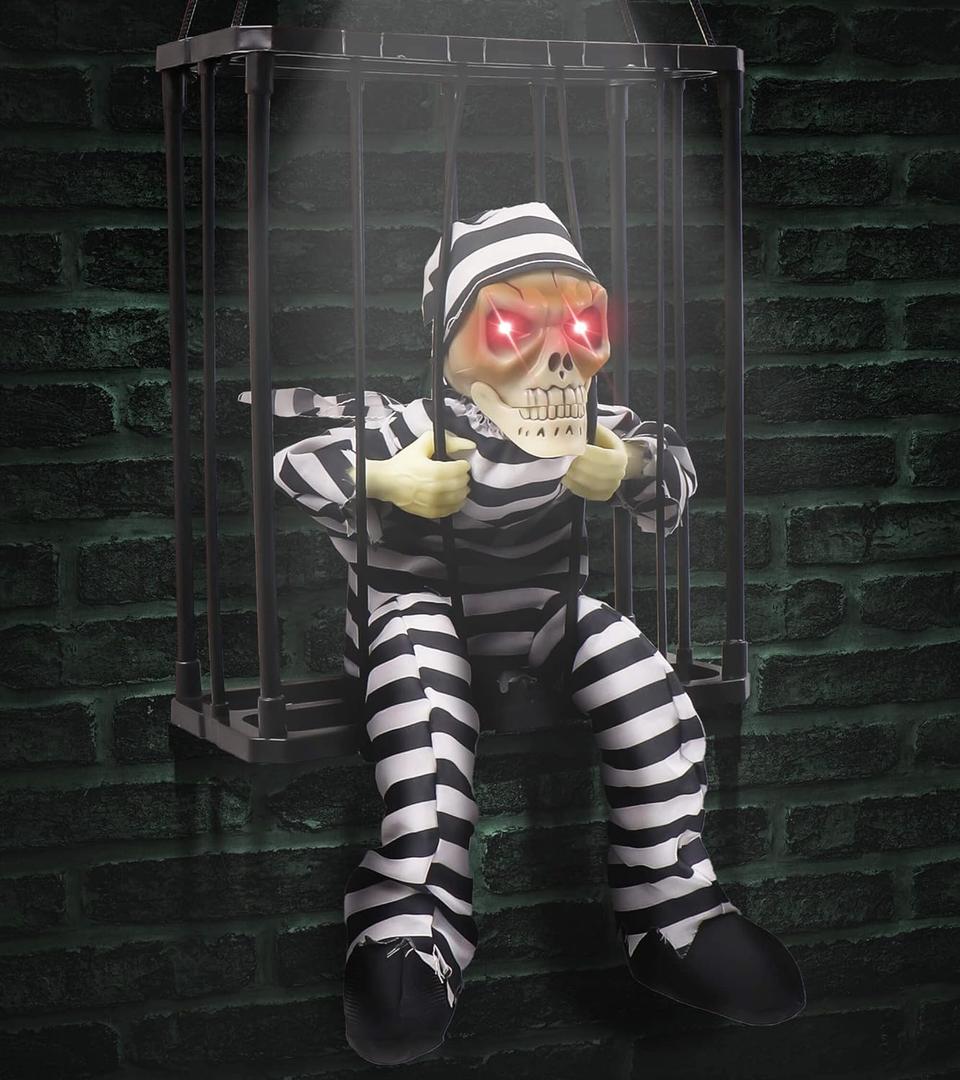 Screaming Animated Halloween Decorations, Halloween Decor Prop with Motion Sensor, Scary Skull Cage Prisoner Haunted House Decor, Spooky Hanging Ghost Halloween Decorations Outdoor Indoor