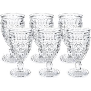Kingrol Vintage Goblet Glasses Set of 6, 10 oz Heavy-Duty Pressed Glass Water or Wine Glasses with Ornate Design for Dining, Daily Use or Party Display