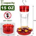 Glass Hummingbird Feeders for Outdoors Hanging Ant and Bee Proof, 1 Pack 15 Ounces Red Hummingbird Feeder with 5 Feeding Ports and Perches, Built-in Ant Moat, Outside Garden Dcor (Glass, 1)