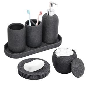 Resin Bathroom Accessory Set - 6PCS Bathroom Accessories Set, Bath Vanity Countertop Accessories with Soap Dish, Lotion Dispenser, Toothbrush Holder, Toothbrush Cup, Vantiy Tray, Qtip Holder (Black)
