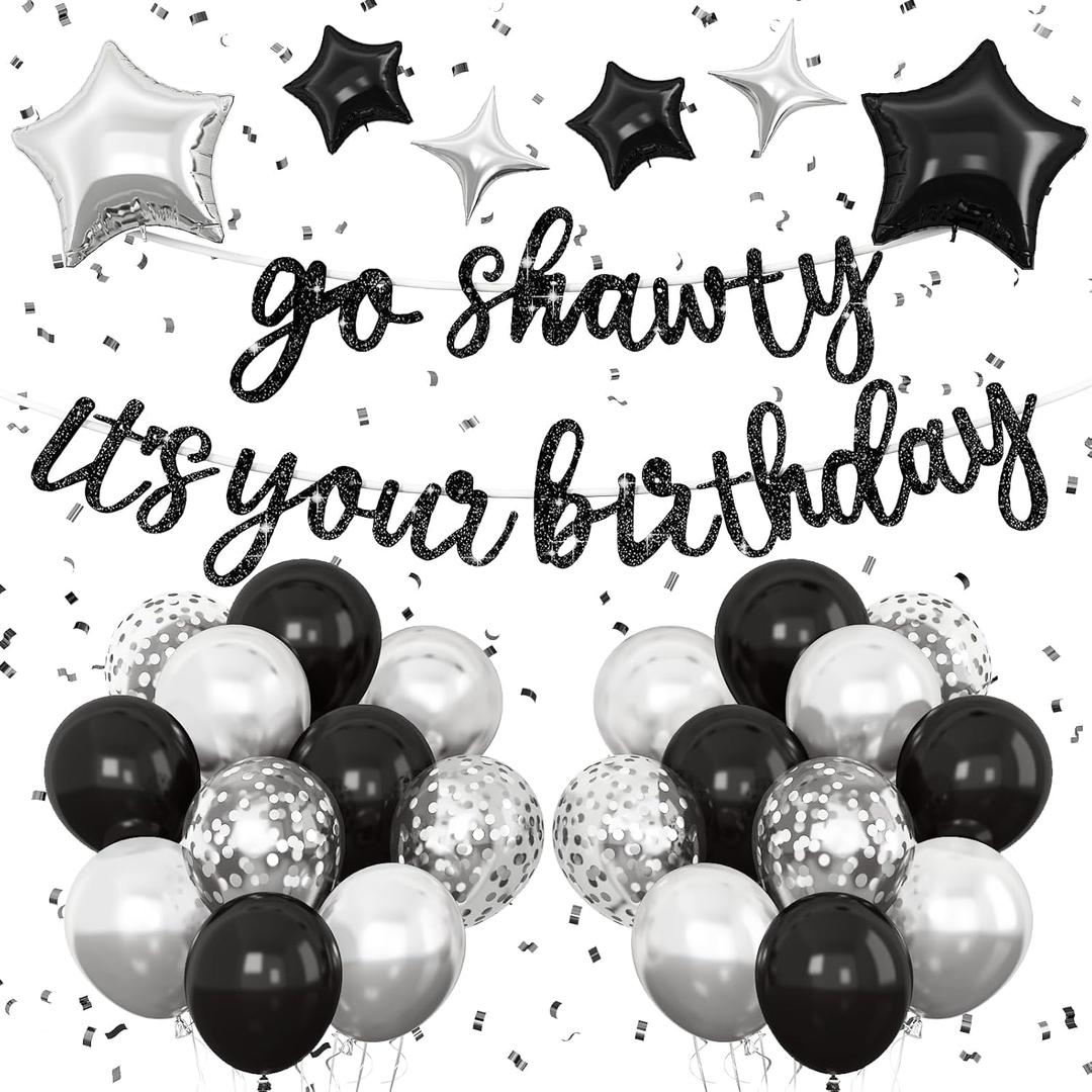 Black Go Shawty It's Your Birthday Banner Balloons Set, Glitter Happy Birthday Banner with Black Silver Confetti Balloon Star Foil Balloon for Man Women Hip Hop Rap Theme Birthday Party Decorations