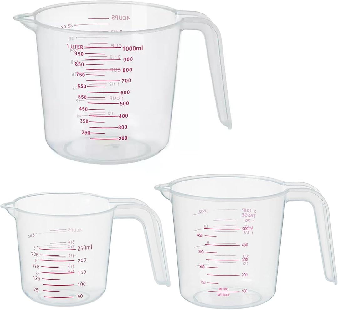 2 x DTDNZKN 3 Pack Measuring Cup Set, Includes 250Ml (1-Cup), 500Ml (2-Cup) and 1000Ml (4-Cup) Plastic Liquid Measuring Cups- Baking, Cooking, Mixing & Measuring Cups, Essential Kitchen Tools