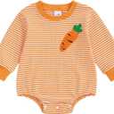 Baby Boy Girl Easter Outfit Sweatshirt Romper Striped Carrot/Bunny Long Sleeve Bubble Romper Waffle Knit Bodysuit (0-3 Months, Orange)