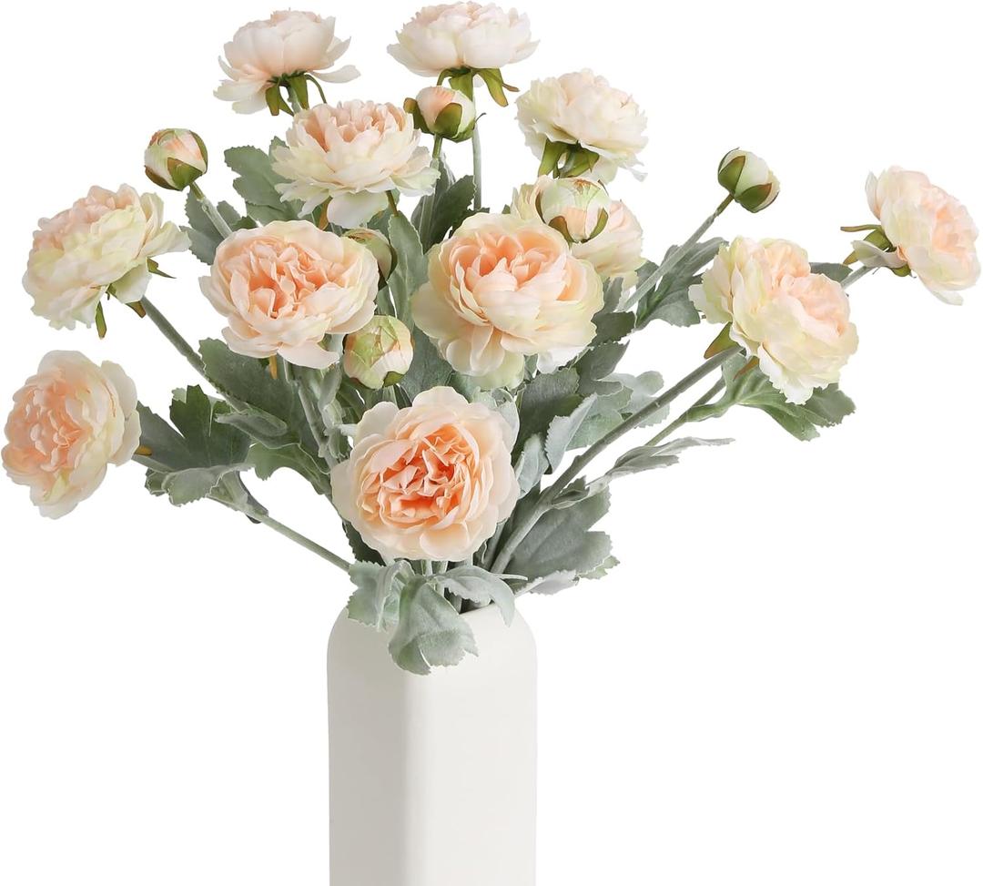 IPOPU Champagne Fake Peonies Artificial Ranunculus Flowers 6pcs 18Heads Champagne Silk Flowers 20.47" Artificial Flowers Bulk for Faux Floral Arrangements Home Table Decor (Champagne)