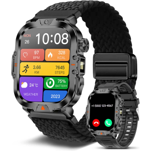 Smart Watch for Men Military Answer/Make Call 2.01″ Display 170+ Sports Modes Fitness Smart Watch IP68 Waterproof 30 Days Standby Smartwatch for Android iOS Black Extra Nylon Straps