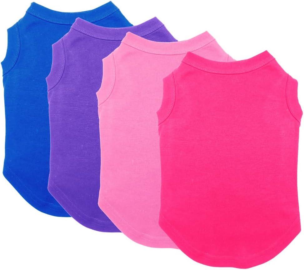 Chol&Vivi Plain Dog Shirt, 4pcs Blank Cotton Shirts Fit for Extra Small to Extra Large Size Dogs, Sleeveless Apparel Soft and Lightweight, Tank Top for All Breeds, Blue/Purple/Pink/Rose Red, Large (L (19" Chest))