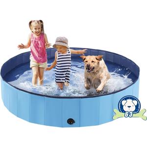 Foldable Dog Bath Swimming Pool Plastic Kiddie Pool Professional Tub Collapsible Grooming Bathtub for Pets Kids Baby and Toddler, 63 x 12 Inches Blue