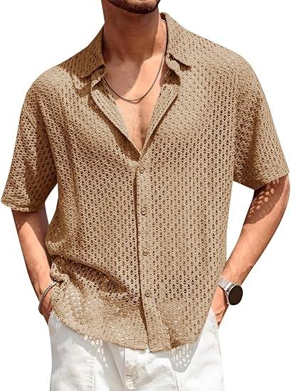Runcati Mens Button Down Shirt Knit Crochet Hollow Out Short Sleeve Sweater Casual Summer Tops Medium