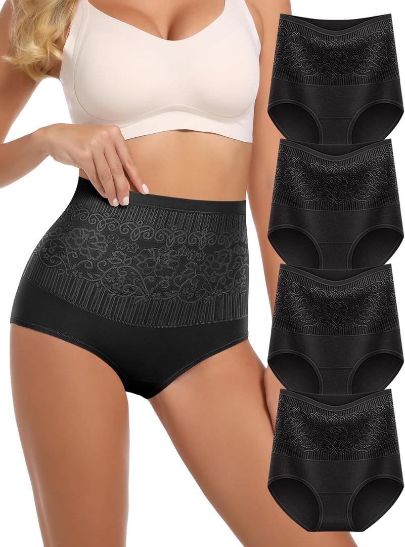 MEIYATING Women's Cotton Underwear Super Stretchy High Waisted Postpartum Tummy Control Ladies Panties Briefs 4 Packs (X-Large, Black)
