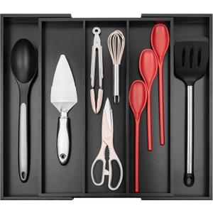 Purawood Kitchen Drawer Organizer - Expandable Utensil Organizer for Kitchen, Cutlery Tray & Silverware Organizer, 3-5 Slots - Bamboo Drawer Organizer for Utensils & Flatware (Black)