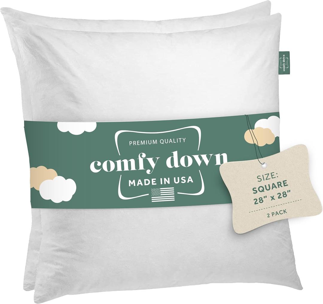 ComfyDown 28x28 Decorative Throw Pillow Insert, Down and Feathers Fill, 100% Cotton Cover 233 Thread Count, Square Pillow Insert - Made in USA (Set of 2) (White) ComfyDown 28x28 Decorative Throw Pillow Insert, Down and Feathers Fill, 100% Cotton Cover 233 Thread Count, Square Pillow Insert - Made in USA (Set of 2) (White)