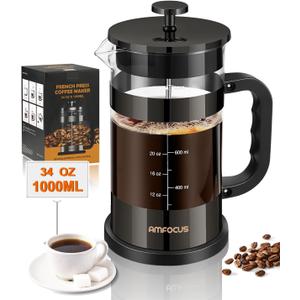 French Press Coffee Maker -34oz Classic Coffee Press Heat-resistant Borosilicate Glass Coffee Pot with 4-Level Disassemble Filters, Portable Cold Brew Coffee Maker for Travel Home(Dark Pewter)
