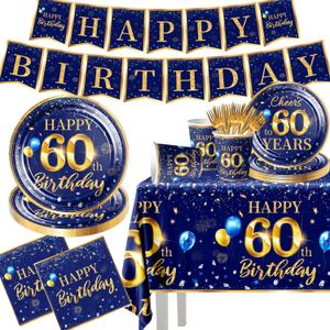 60th Birthday Decoration Men-142pcs Navy Blue and Gold Birthday Tableware Set(Serve for 20) Include Happy 60th Birthday Banner Plates Cups Napkins Tablecloth for Men 60th Birthday Party Supplies(60)