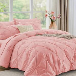 JOLLYVOGUE Queen Comforter Set 7 Pieces - Bed in a Bag Queen for All Season, Pintuck Bedding Comforter Sets with Comforter, Flat Sheet, Fitted Sheet and Pillowcases & Shams, Pink