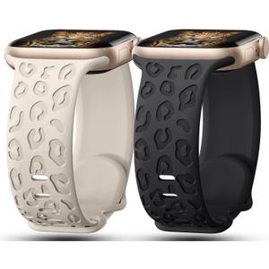 2Pack Leopard Engraved Bands Compatible with Apple Watch Band 41mm 40mm 38mm 49mm 46mm 45mm 44mm 42mm Women, Silicone Cheetah Sport Strap for iWatch Series SE 10 9 8 7 6 5 4 3 2 1,Ultra (Black, Starlight)