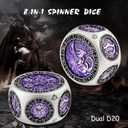 DNDND Unique Spinner DND Dice, 8-in-1 Hexagonal Metal DND Dice with Dual D20 Monster Themed Dice Set for DND Dungeons and Dragons, Dungeon Masters with Collectible Gift Tin (Silver with Purple)