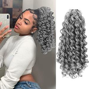 KRSI 14Inch Curly Hair Extension Drawstring Ponytails for Black Women, Synthetic Curly Short Fake Ponytail Fake Hair Gray Ponytail Extension Clip in Extension for Black Women(Grey)