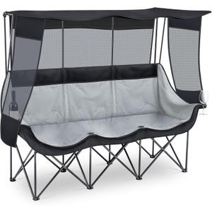3 Person Camping Beach Chair with Canopy Shade Fully Padded Folding Outdoor Oversized Camping Sofa for 2-3 Person, Sturdy Loveseat Couch with Cup Holder and Carry Bag for Lawn Camp(Black)
