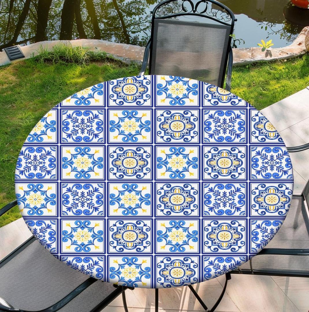 Round Tablecloth with Elastic Edge, 36-60Inch Waterproof Table Cloth for Dinner, Outdoor, Picnic, 48inch, Mandala and Checker