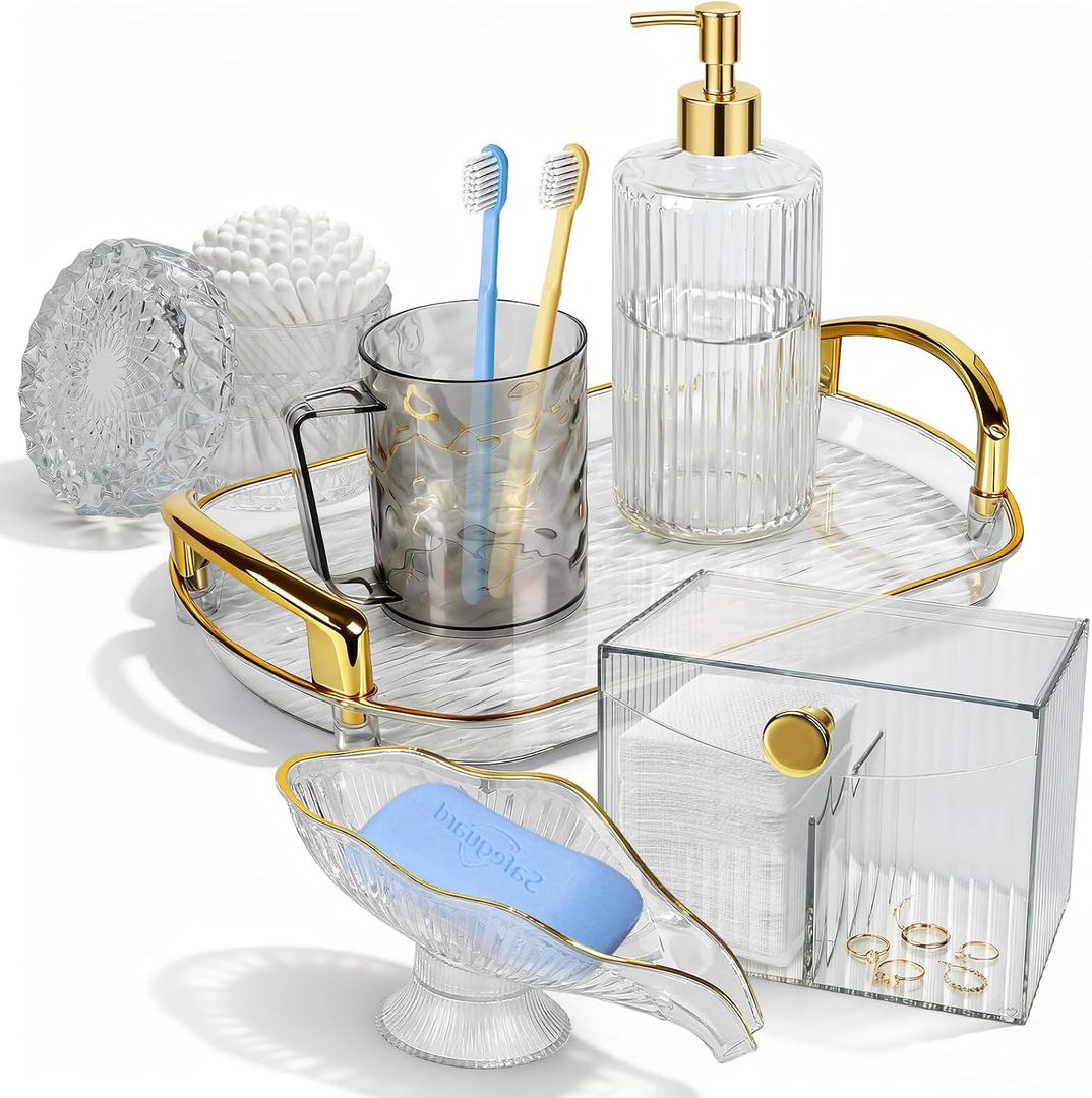 6 Pcs Bathroom Accessories Set, Clear Glass Bathroom Soap Dispenser Set with Toothbrush Cup, Vanity Tray, Cotton Swab Jar Makeup Cotton Jar, Bathroom Accessory Set Gifts for Women Home Apartment Decor