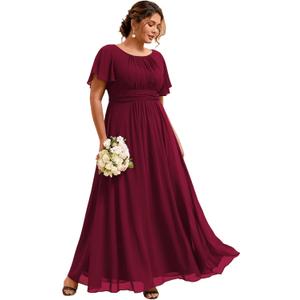Ever-Pretty Plus Women's Summer Round Neck A Line Pleated Chiffon Short Sleeves Plus Size Formal Gowns Bridesmaid Dresses (16, Burgundy)