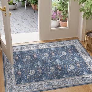 DUKINO 2x3 Rugs for Entryway, Washable Vintage Floral Small Area Rug with Non Slip Backing, Soft Door Mat Indoor Entrance Low Pile Floor Carpet for Kitchen, Bathroom, Bedroom, Farmhouse, Sky Blue