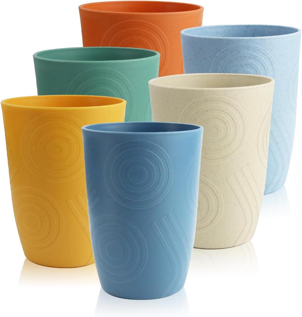 12oz Wheat Straw Cups Set of 6, Alternatives to Plastic Cups Reusable, Unbreakable Drinking Glasses, Microwave & Dishwasher Safe Drinking Cup, Small Water Cup for Kitchen, Party (Multicolor)