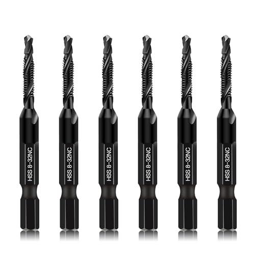 6-Piece 8-32NC Combination Drill Tap Countersink Bit Set SAE, Made of High-Speed Steel with Anti-Rust Blackened Coating, Ideal for Soft Metal, Wood & Plastic, 8-32NC Thread Size, 1/4” Hex Shank