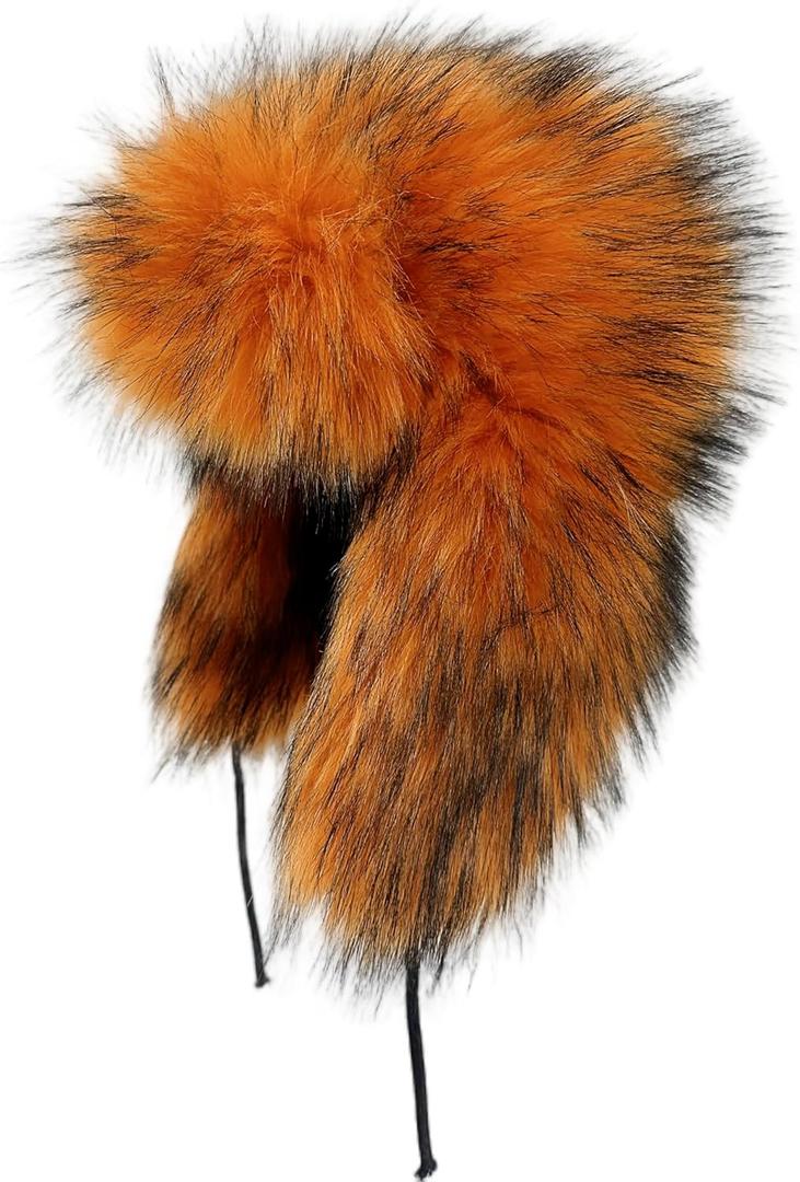 YFJNV Y2K Faux Fur Russian Hat, Soft, Warm Winter Trapper Hat with Earmuffs for Men and Women (Small-X-Large, Orange)