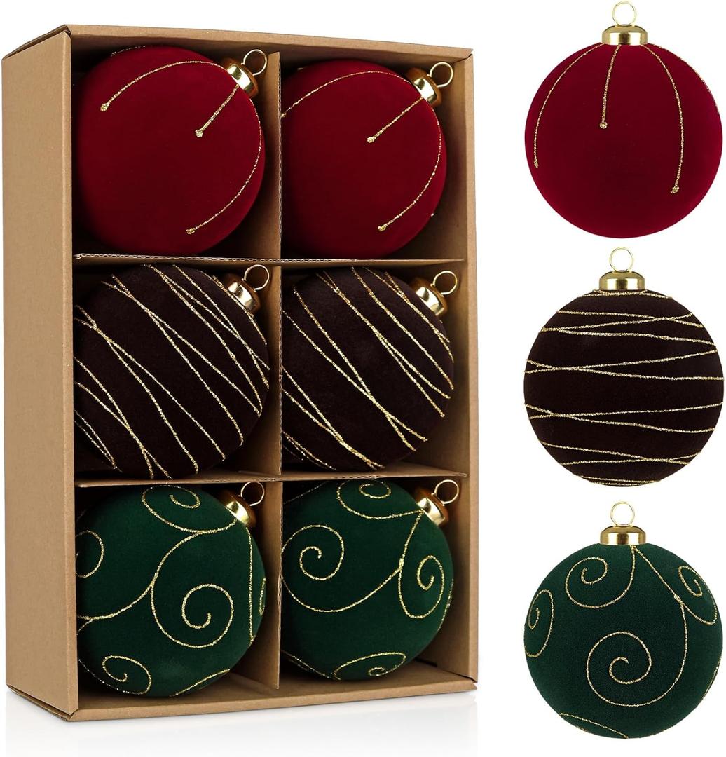 Velvet Christmas Ball Ornaments Set - 6 Pcs 4" Large Hanging Balls Burgundy Brown Green with Gold Detailing Shatterproof Luxury Decor for Xmas Tree Holiday Home Party & Seasonal Decorations